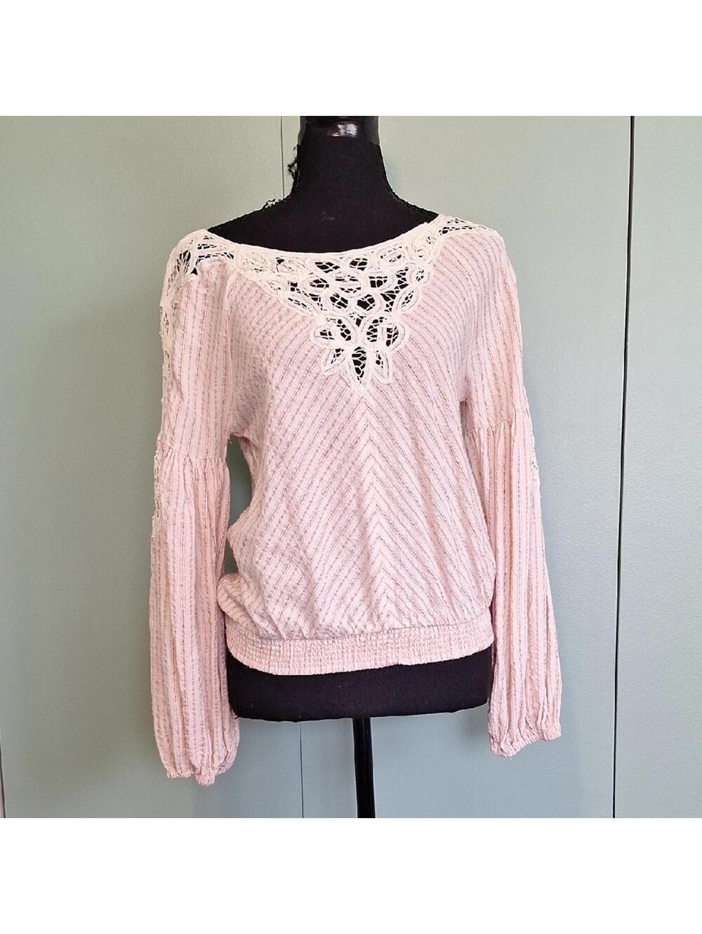 Fate 100% Cotton Pink Coral Striped Lace Blouse Size Small